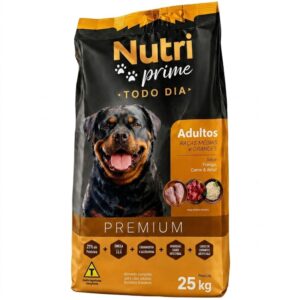 ração nutri prime todo dia cães adultos raças médias e grandes sabor frango, carne e arroz – 25kg